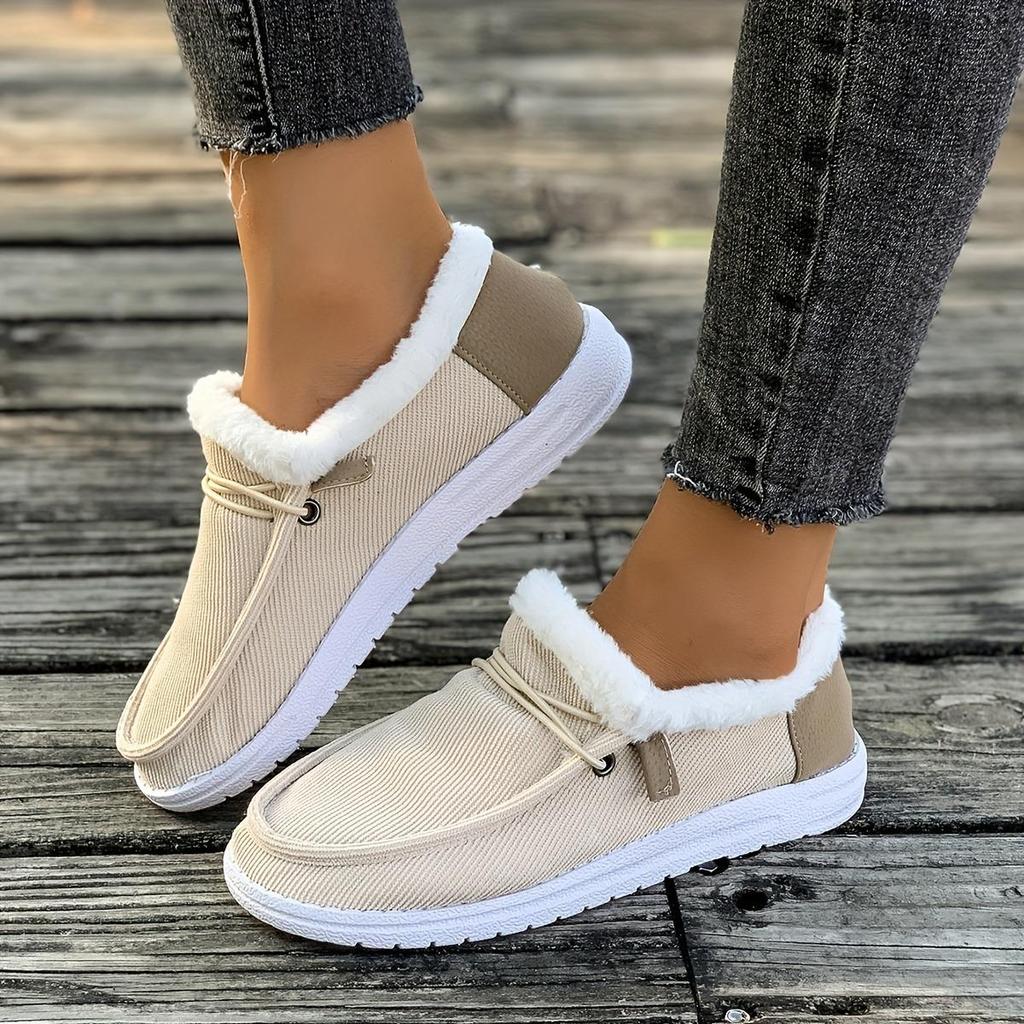 Ladies' Gray Loafers with White Fur Decorati - Comfortable Round Toe Flat Shoes, Comfortable Fabric Lining, Covering The Sole, Comfortable In Winter