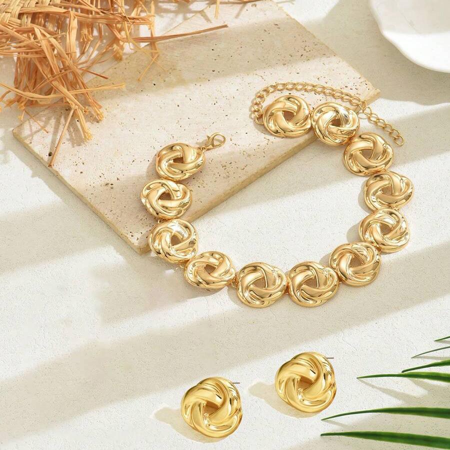 

2 PCS Luxurious Knot - Motif Design Chain Necklace Stud Earrings Elegant Gold Color Geometric Choker Posting Earrings For Women