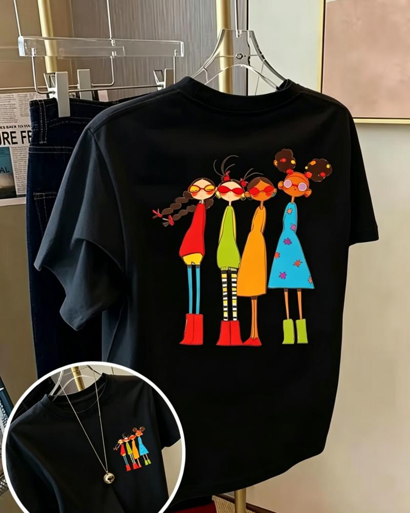Boho Cute Fashion Girls Cartoon Unisex Tshirt Soft White Short Sleeve Top Bright Art Graphic For Girls Weekend Friend Hangout