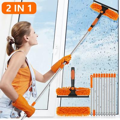 2 In 1 Window Cleaning Squeegee Rotatable Window Cleaning Tool with Splicing Rods and Replaceable Cloths for Home Bathroom Glass