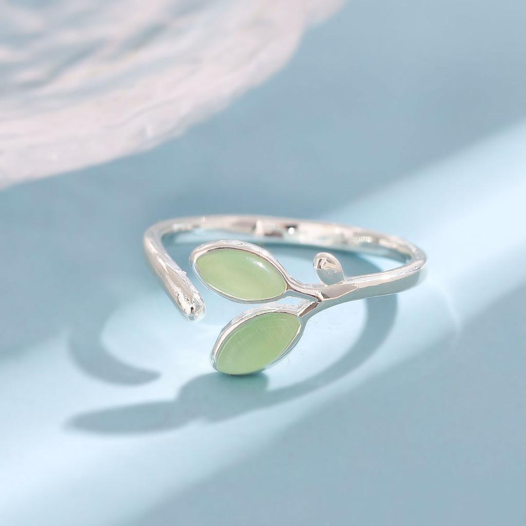 New Fashion Creative Temperament Sweet Opal 925 Sterling Silver Jewelry Green Leaf Female Crystal Opening Rings   R232