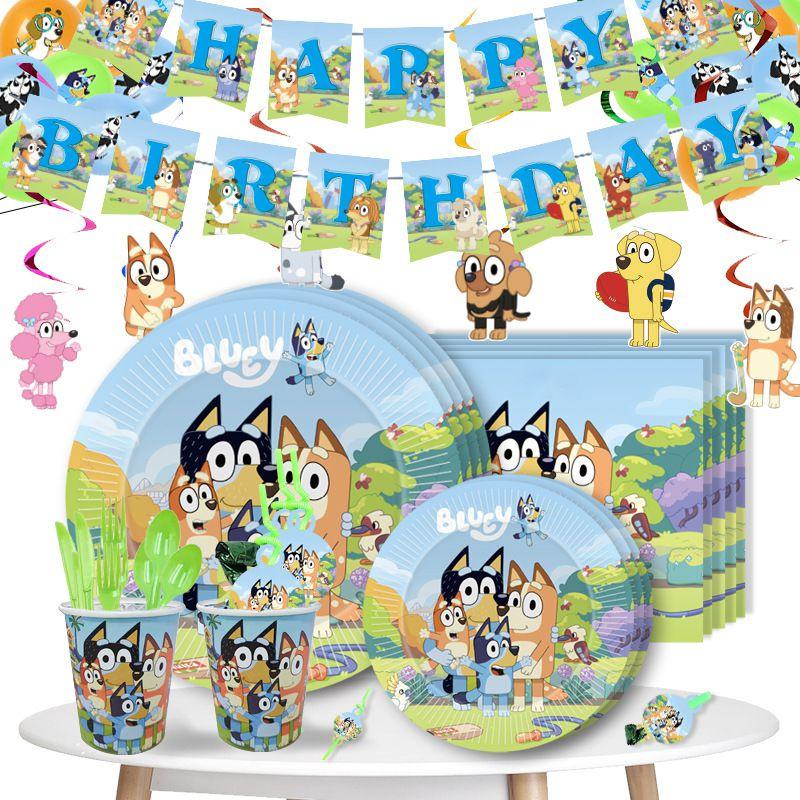 Kinder Bluey Themen Geburtstagsparty Zubehör Deko Teller Tischdecke Banner Ballon