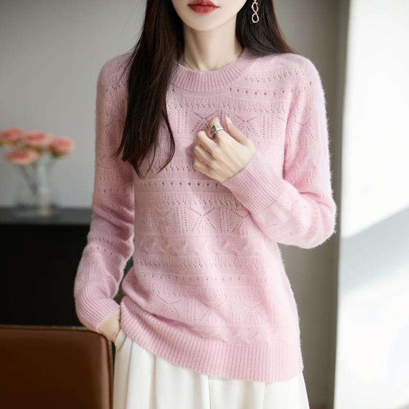 2025 Pure Wool Hollow Loose Knit Round Neck Women's Base Layer - Early Autumn