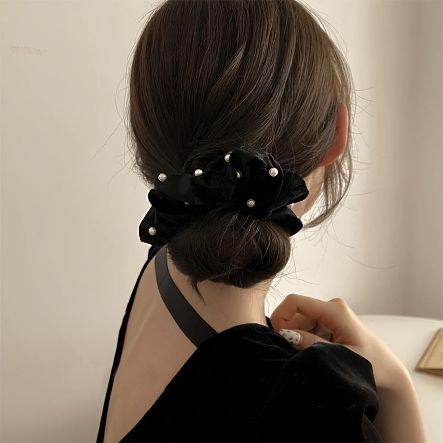 2pcs Black Velvet Hair Rings with Imitation Pearls | Vintage Style, Solid Color, Perfect for Autumn and Winter