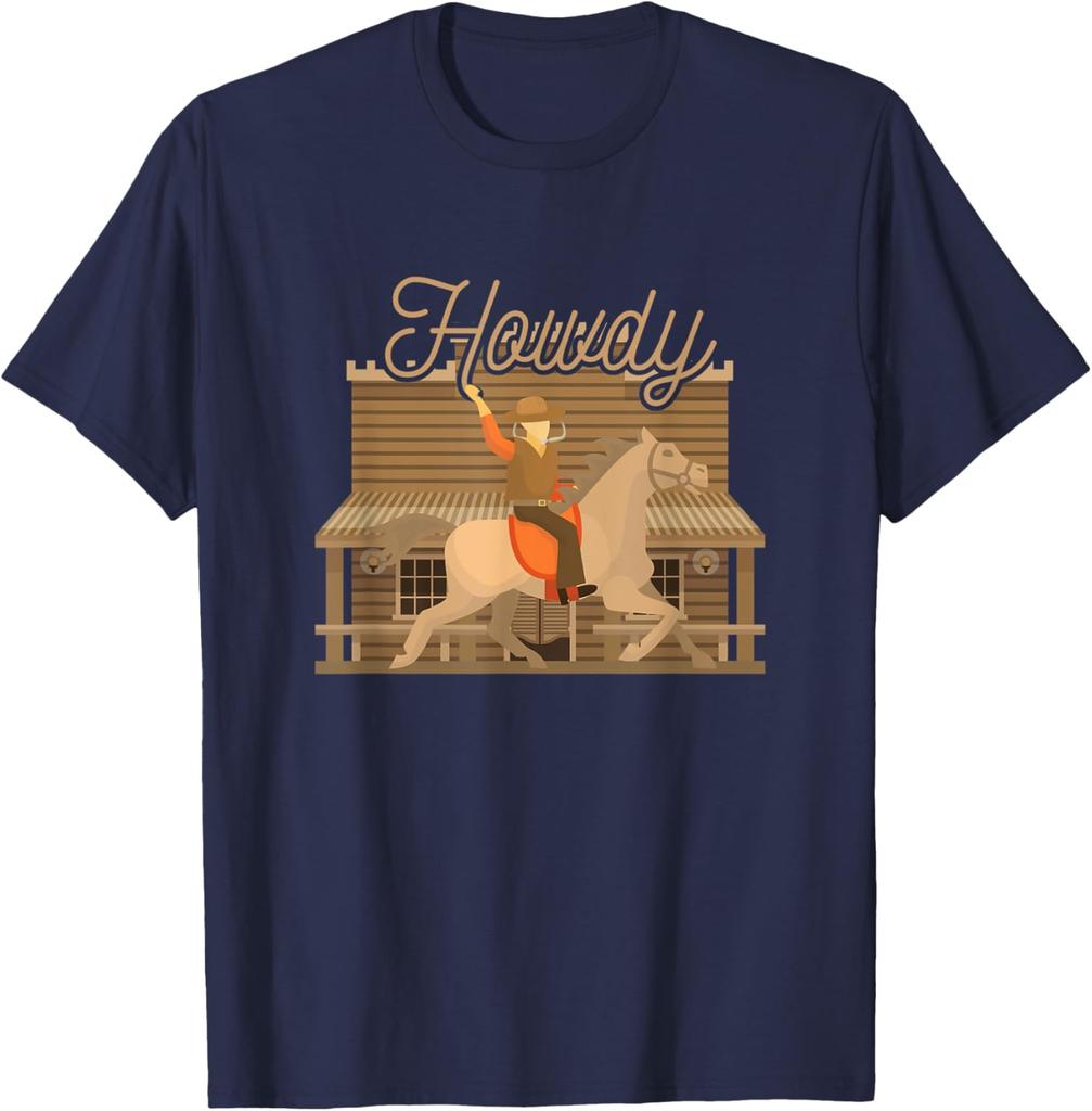 Howdy Cowboy Horse Rider Graphic Print Cotton Casual TShirt Men Western Rodeo Tee