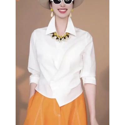 Camisa Elegante de Solapa Blanca Irregular de Moda para Mujer, Top de Nuevo Estilo Tendencia