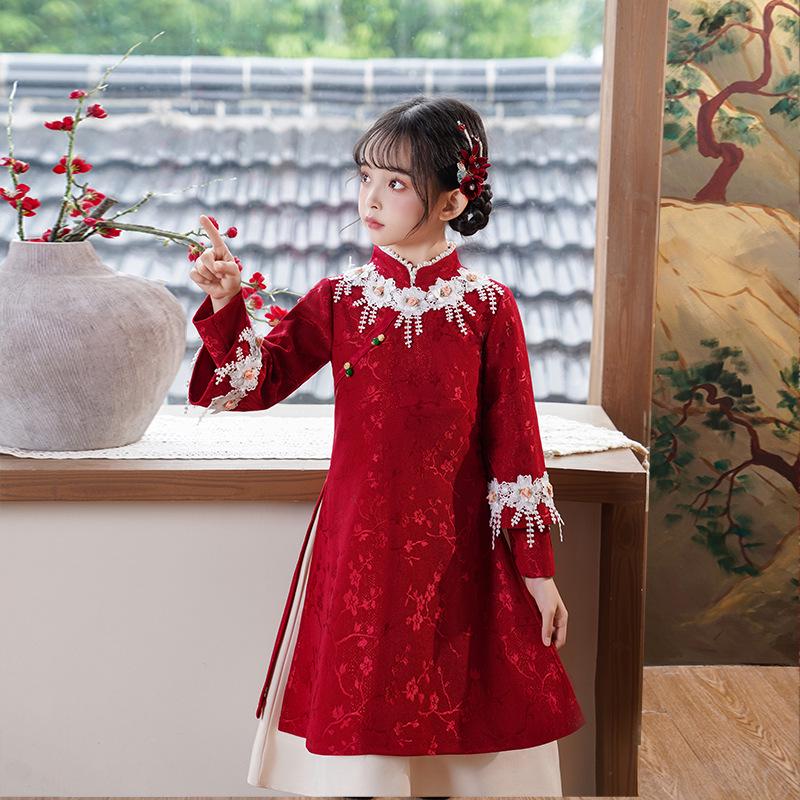Girls' New Year Long-Sleeve Qipao: Children's Chinese-Style Autumn/Winter Dress 2026