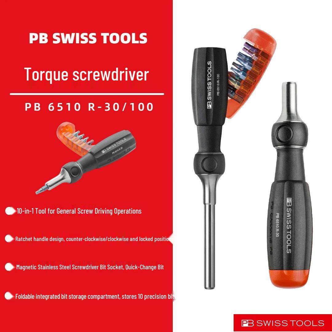 Швейцарская трещоточная рукоятка Swiss PB 6510 R-30 с интегрированным держателем для 10 бит C6, портативный инструмент 6510.R-30mm Short Ratchet with Bit Holder