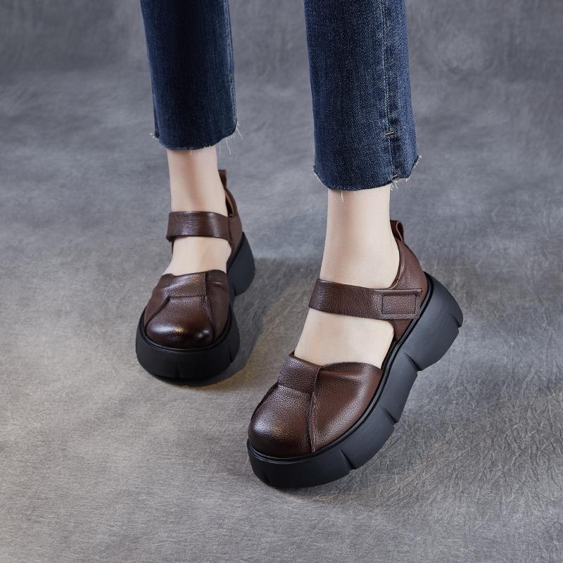 Fashion 5CM Handmade Retro Platform Sandals Women Summer Wedges Heel Shoes Round Toe Genuine Cow Leather Comfort Versatile Sandals