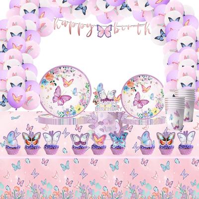 Foreign Trade Spring Purple Butterfly Flower Paper Plate Set Wedding Party Scene Arrangement Disposable Knives, Forks And Spoons Tableware