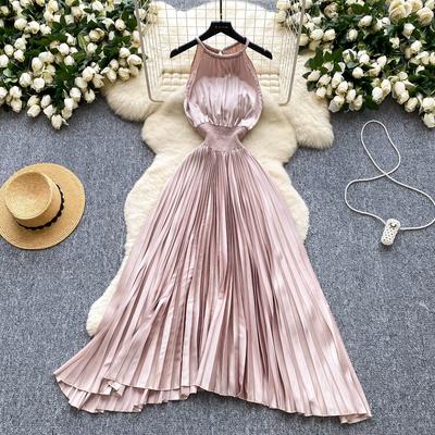Vestidos Largos Maxi de Verano para Mujer Sin Mangas Cintura Elástica Vacaciones Playa Satén Plisado