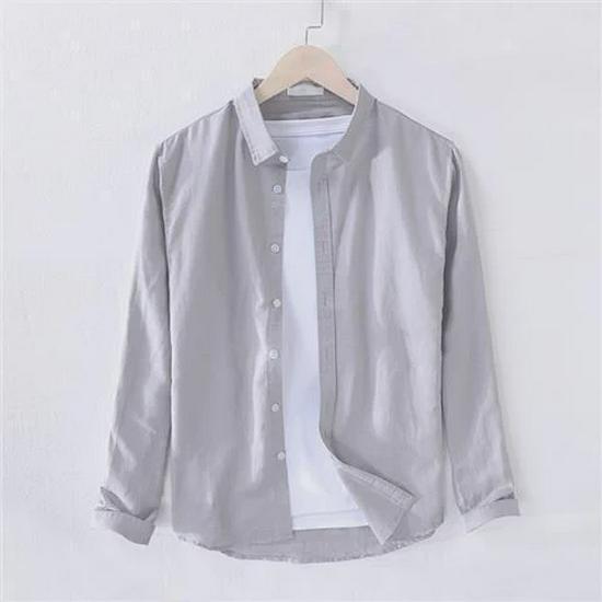Men's White Long-Sleeve Linen Shirt - Casual Spring/Summer Lapel Style