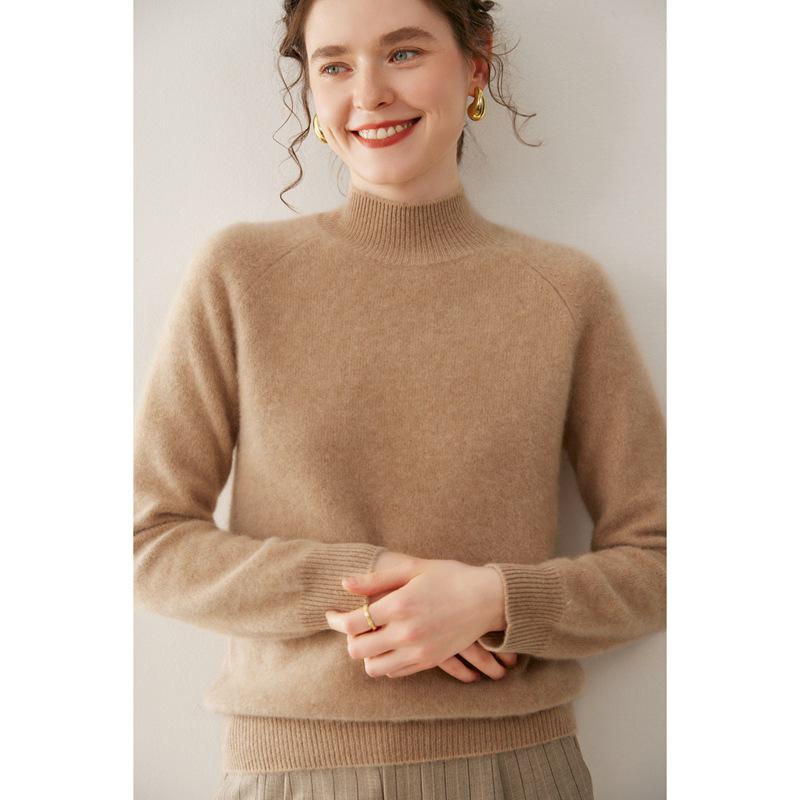 Women's Cashmere Double-Ply Thick Knit Sweater - Half-High Neck, Drop Shoulder, Versatile Solid Color, Autumn/Winter Warm Base Layer