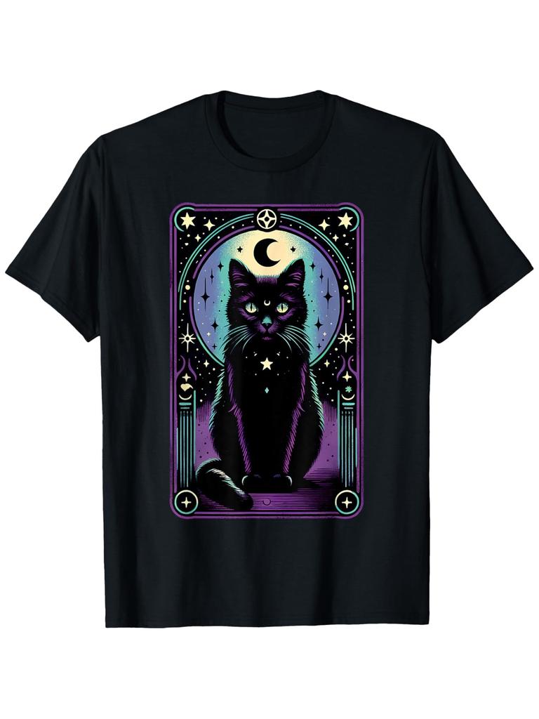 Card Crescent Moon Black Cat Lover Cat Vintage T-Shirt, Suitable for Mens & Womens Outdoor T-Shirt,