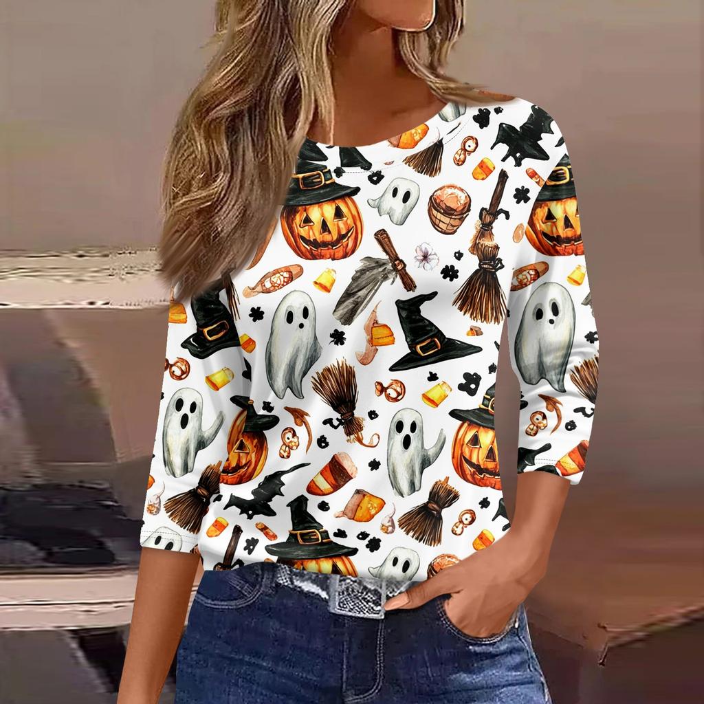 Women 3/4 Sleeve Casual Loose Fit Round Neck Shirt Halloween Bat Print Lightweight Pullover Top for Everyday Wear