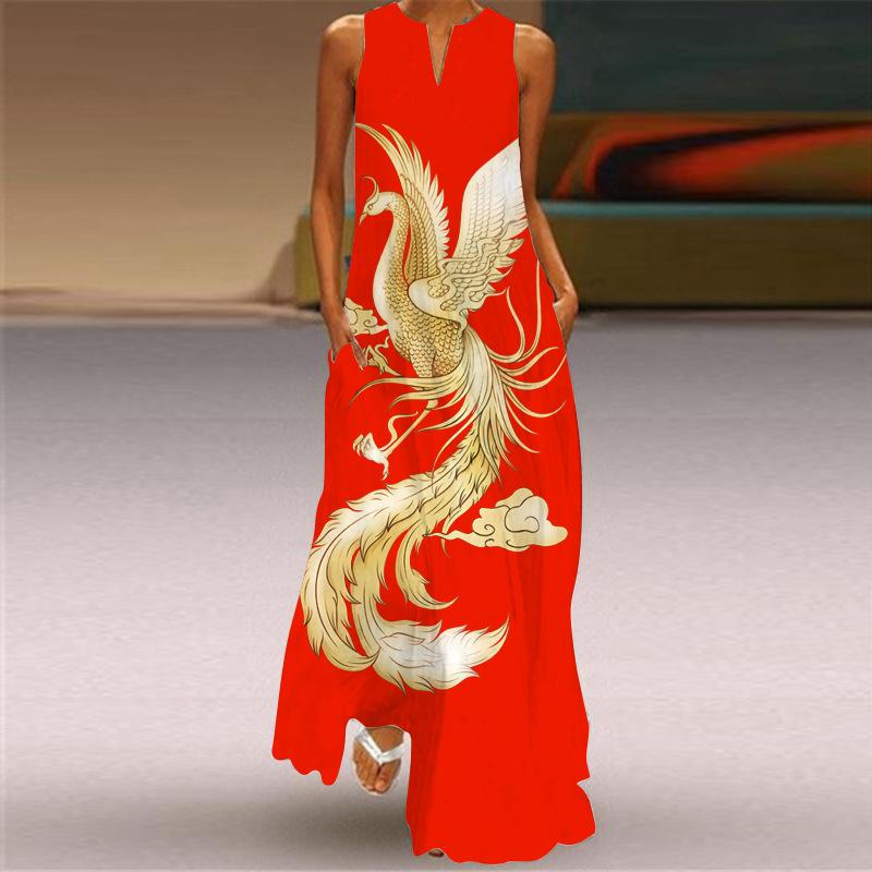 Vintage Dámské 3D tisk Boho Dlouhé šaty bez rukávů Letní móda Společenské šaty s výstřihem do V Dámské Ležérní Kapesní Tenké Vestido