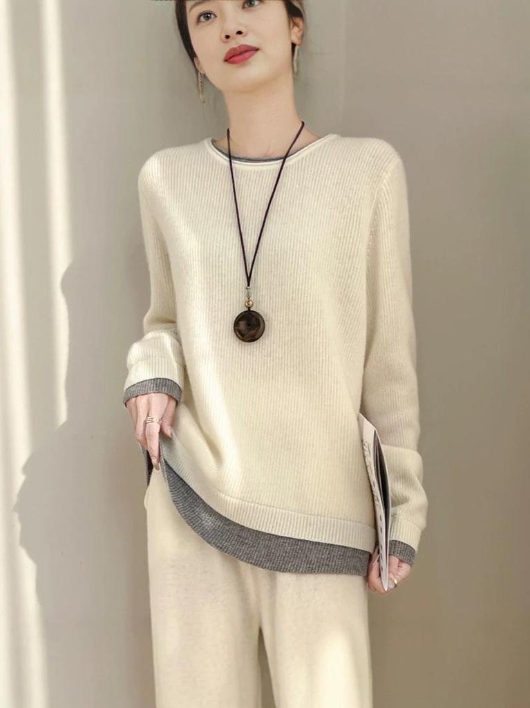 Women's 100% Wool Suit: Stylish Two-Piece Autumn/Winter Versatile Sweater & Pants Set