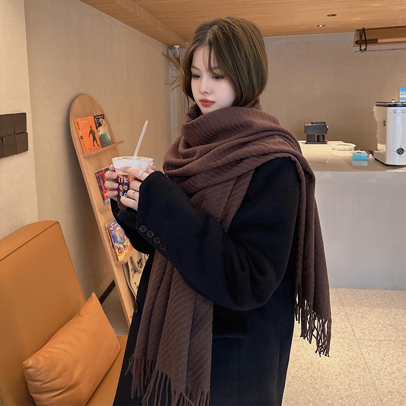 Solid Color Haze Blue Scarf Women's Winter Korean Version Versatile Thickened Warm High-end Shawl Atmosphere Scarf