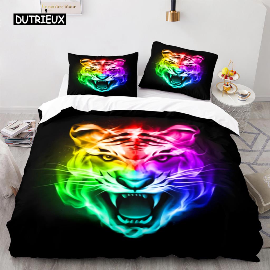Flame Tiger Duvet Cover 3D Cool Colorful Bedding Set for Kids Girls Soft Microfiber Quilt Cover with Zipper Closure