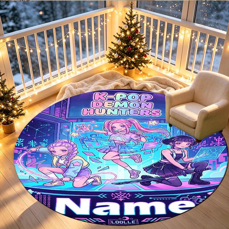 Custom Name Personalized Kpop Demon Hunter Print Round Rug, Versatile Home Decor Carpet, for Playroom, Apartment, Balcony, Entryway, Hallway Gift