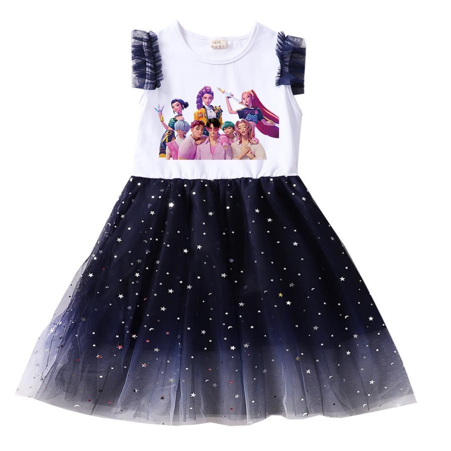 

Детское платье для девочек, аниме, мультяшный принт, K-pop певцы, без рукавов, с оборками, повседневное, сетчатое 120cm белый