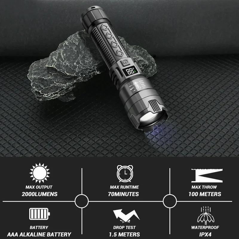 2025 New 2000LM LED Flashlight Built-in Battery USB Rechargeable Strong Light Tactical Torch Outdoor Camping Hiking Lantern