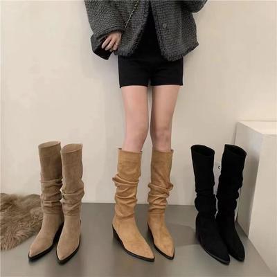 Retro Pleated Suede Long Boots for Women Winter Fashion Chunky Stiletto Sexy Boots. Large Size Versatile Women's Boots