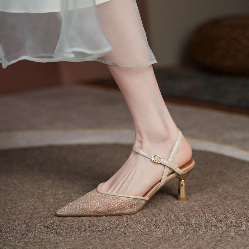 Mesh sandals fairy fairy wind bag head empty niche shoes summer new thin heel one-word buckle pointed high heels