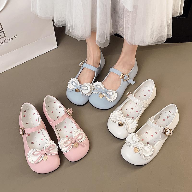 Lolita Sweet Vintage Kawaii Bow High Heels Elegant Princess Leather Shoes Black Women Shoe Low Heel Summer Pumps