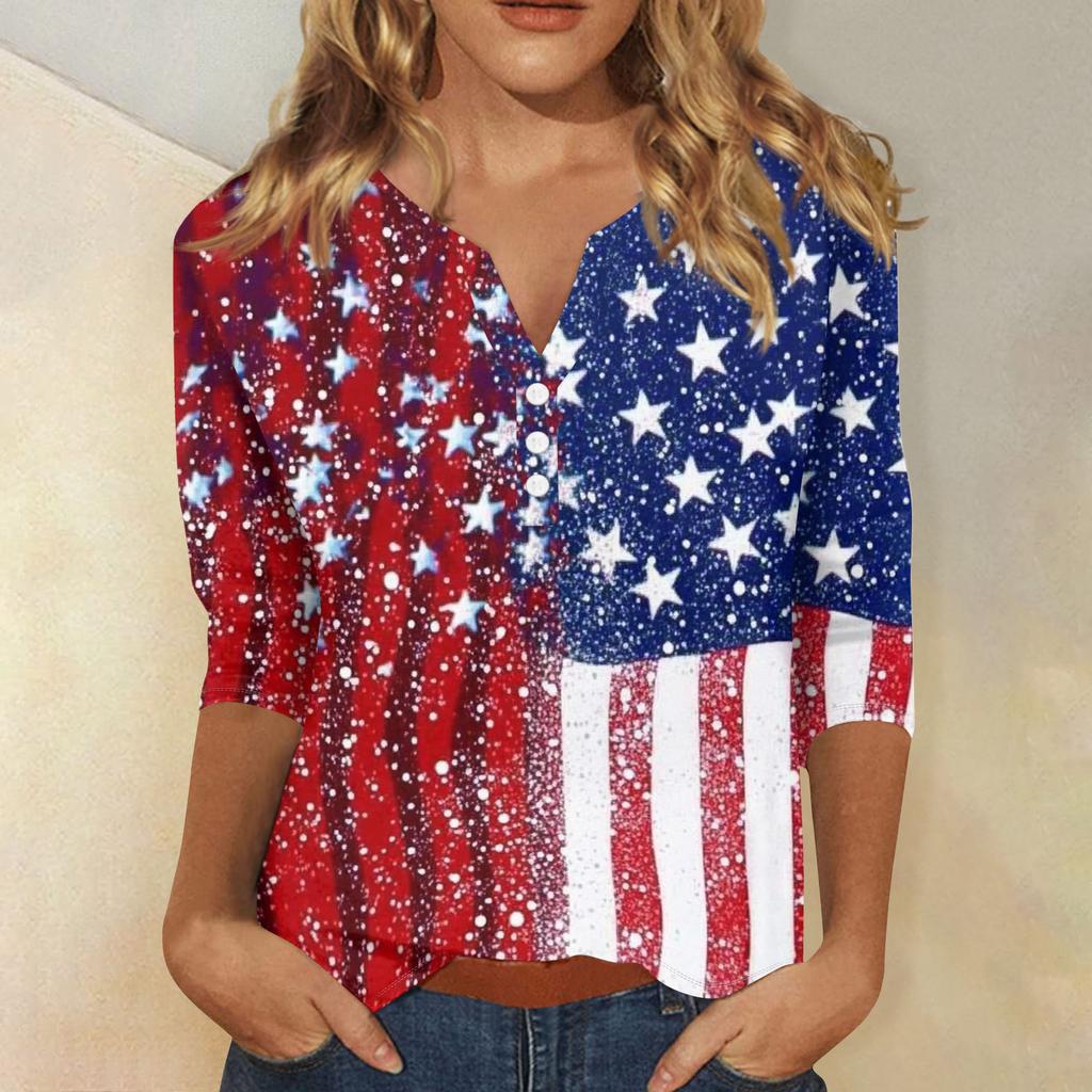 Women's T Shirt Independence Day Print Button 3/4 Sleeve Daily Weekend Fashion Basic V- Neck Regular Top