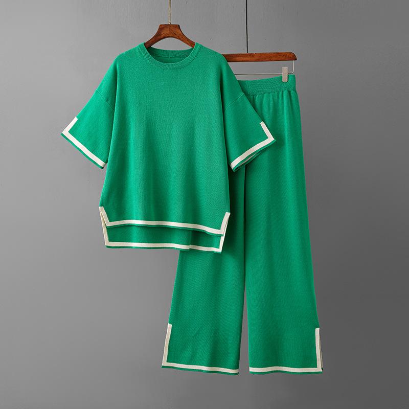 Women's Temperament Color Collision Open Short-sleeved Knit Shirt High-waisted Slim Wide-legged Pants Two-piece Set