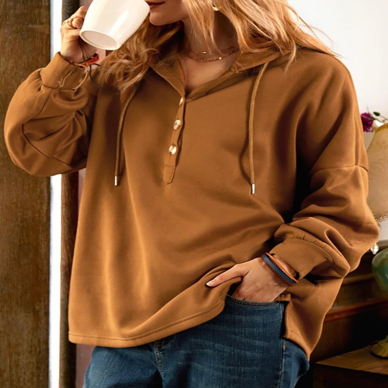 

Осенне-зимняя женская однотонная толстовка с капюшоном на пуговицах и шнурке XXXXXL коричневый