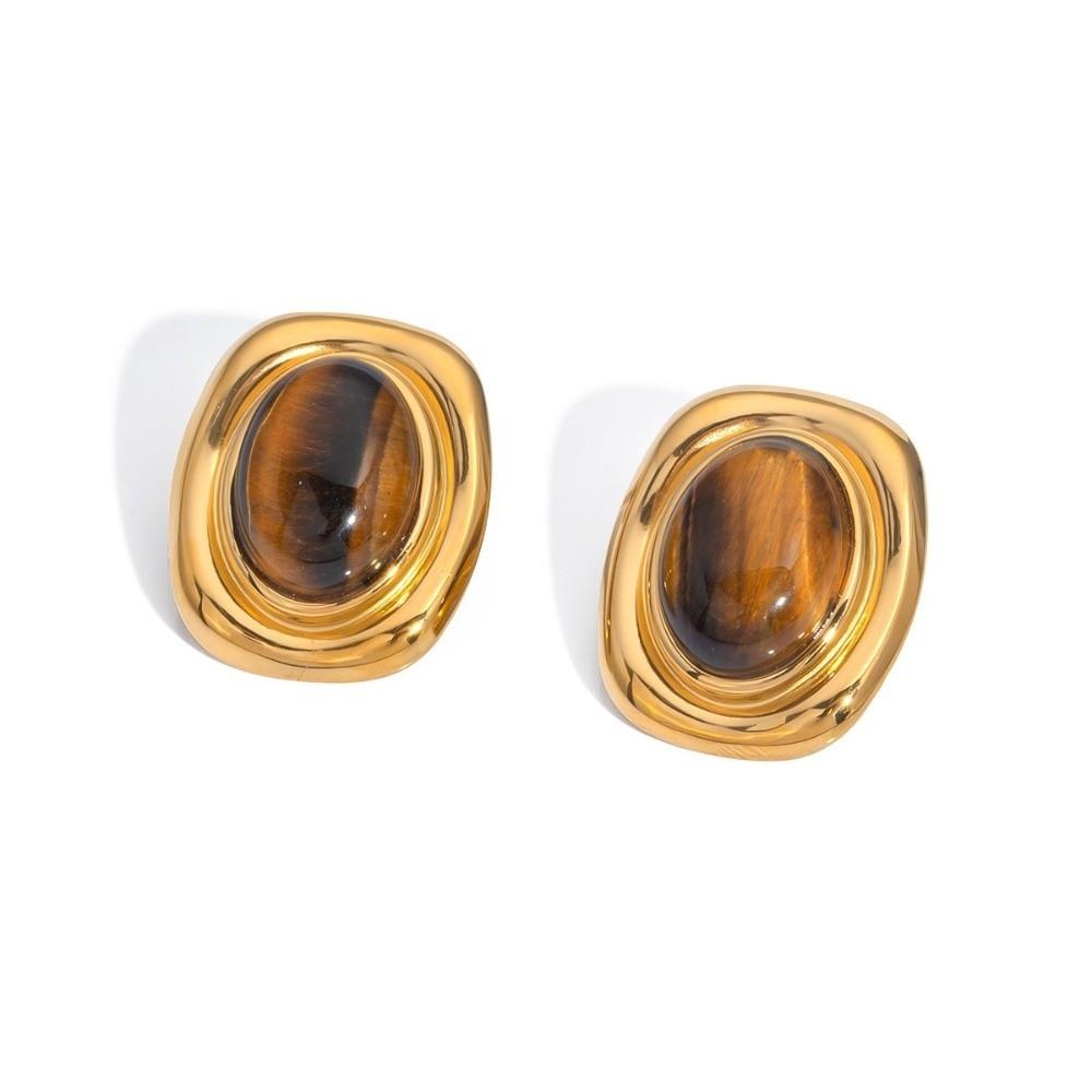 Nature Stone Tiger-eye Earrings Stainless Steel Waterproof Stud Earrings Gold Plated Oval Bead Pearl Earrings Gemstone Jewelry