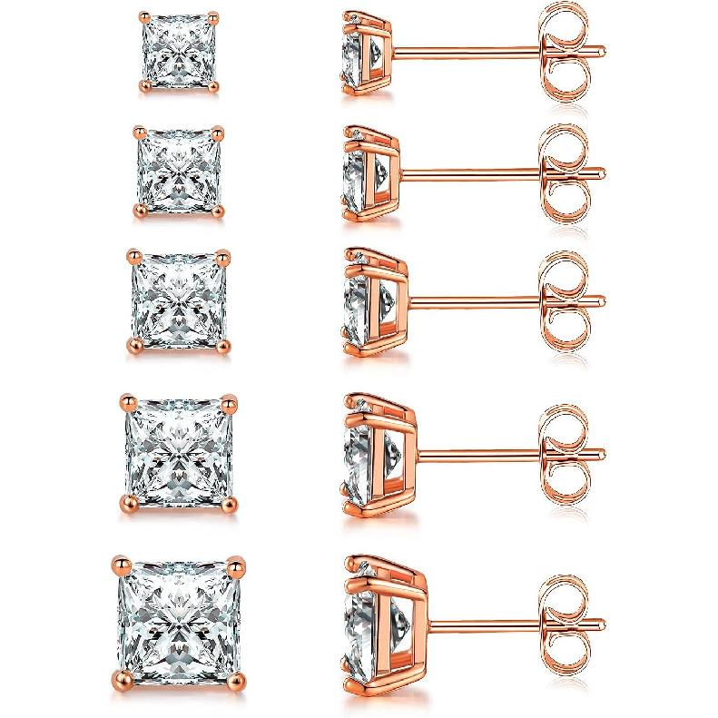 Stud Earrings for Women,18K Gold Plated CZ Set of 5 | Princess Cut Cubic Zirconia,Hypoallergenic Earrings,Earrings for Men and Women,Everyday Studs