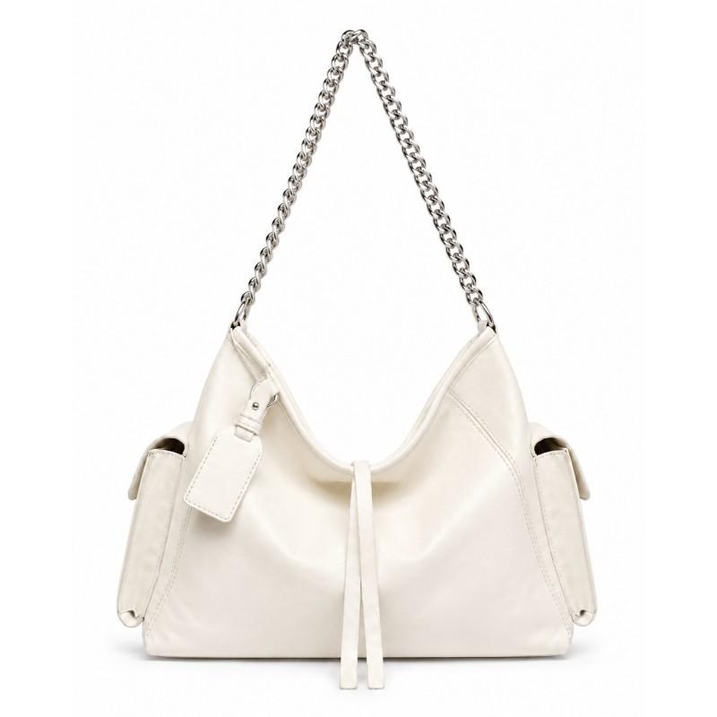 Vintage Chain Detail Moto Shoulder Bag Women Large Capacity Crossbody Soft PU Leather Streetwear Style