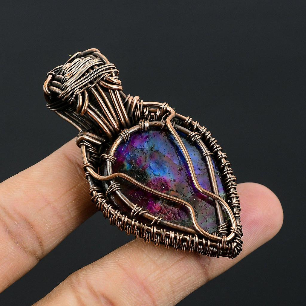 Multi Flash Labradorite & Rainbow Moonstone Pendant, 999 Copper Wire Wrapped Jewelry, Handmade Pendant Gemstone Jewelry
