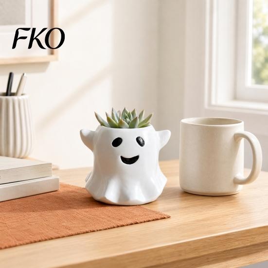 Halloween Style Green Plant Pot Ghost Flowerpot, Waterproof Resin Vase, Spooky Cute Planter Desktop Ornament, for Plants Holiday Decoration