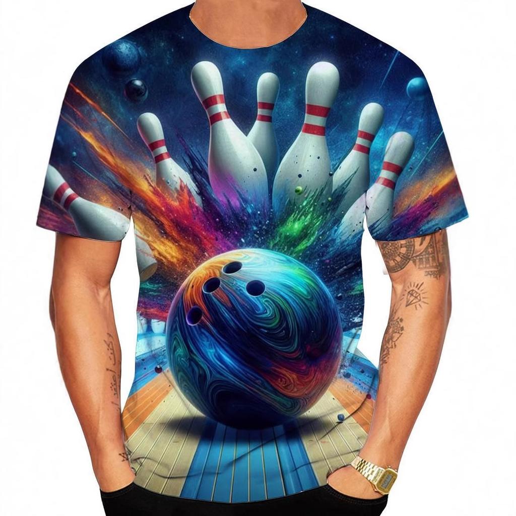 Καλοκαιρινή Μπλούζα με Στρογγυλή Λαιμόκοψη και 3D Εκτύπωση Μοτίβου Μπόουλινγκ Μοντέρνα Ανδρικά T-shirts με Κοντό Μανίκι