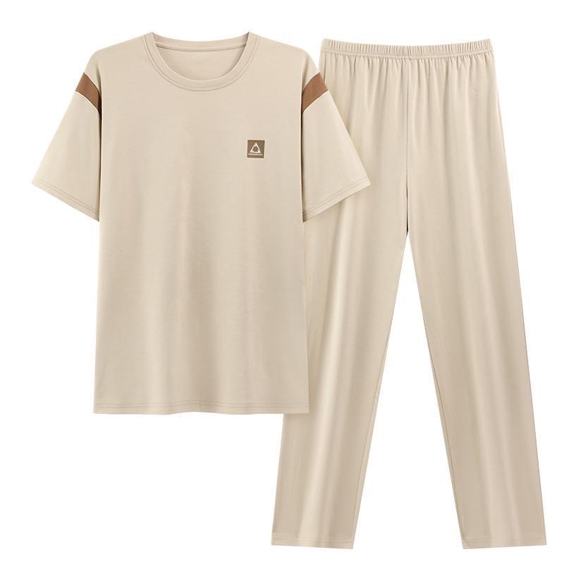 2025 Spring Summer Pure Cotton Solid Leisure Men's Pajamas Set Elastic Waist Boys Sleepwear Short Sleeve Tops and Long Pants Soft Pijama Home Wear