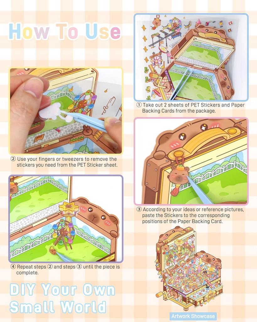 Set of 4 3D Cartoon Scene Miniature Stickers and Make Your Own Home Sticker Kit for Adults and Fun Room Stress Relief Pins, Kids, Decor, (Style 1)