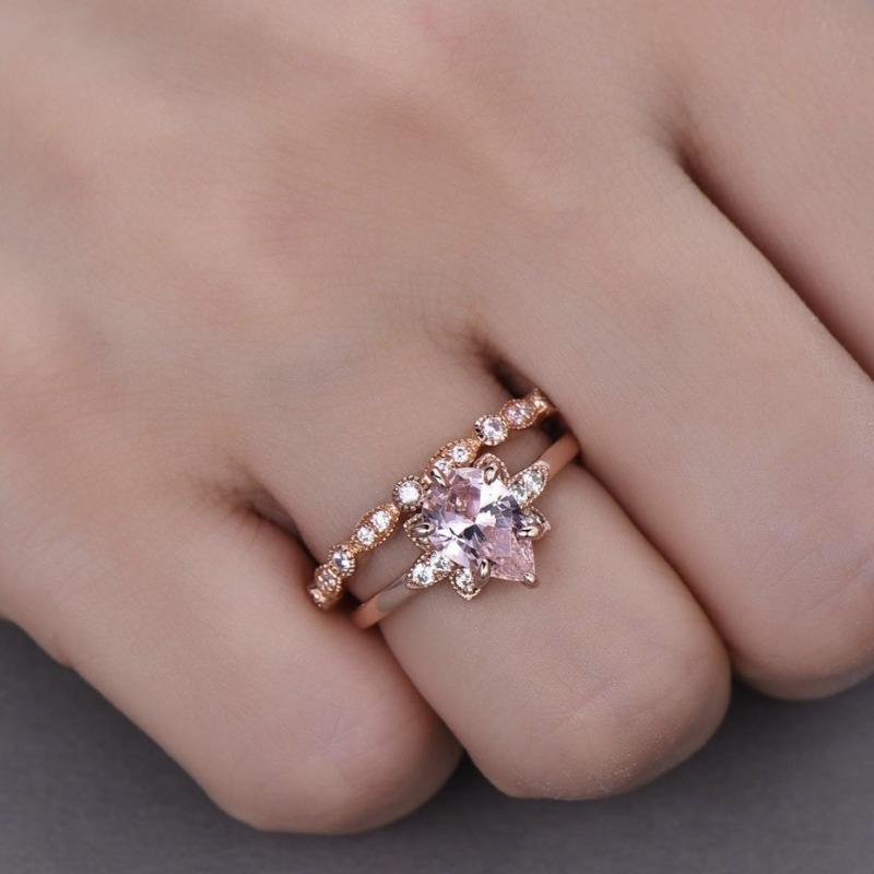 New Rose Gold Inlaid with Water Drop Powder Zircon Pair Ring European Beautiful Women's Wedding Engagement Floral Jewelry
