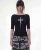 PLASMA SPHERE Cross Boat Neck Off-Shoulder Gothic T-Shirt_2 Colors