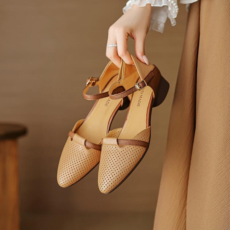 

Spot 2025 spring and summer new pointed hollow sandals sheepskin women s shoes with bag head buckle leather shoes 39 хаки