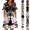 Women A Line Sun Dress Short Sleeve V Neck Printed Dress With Pockets