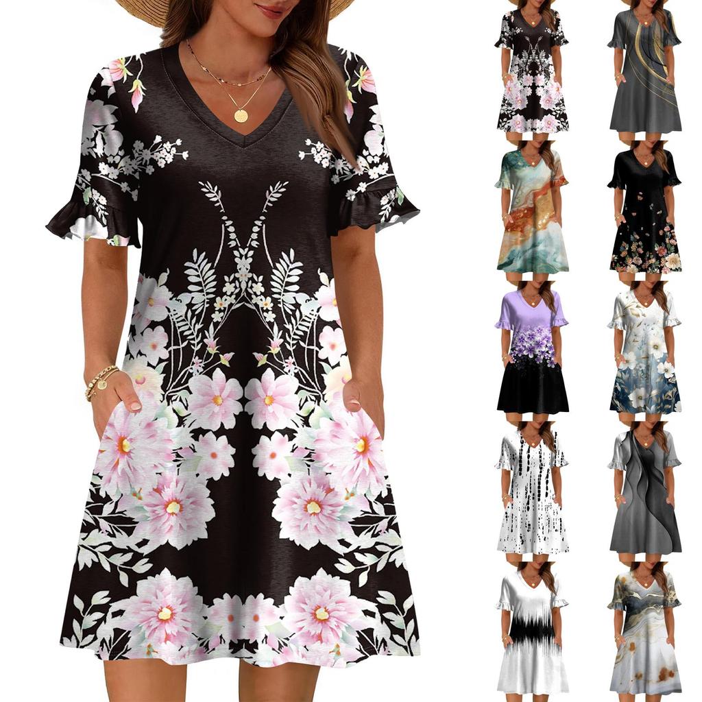 Women A Line Sun Dress Short Sleeve V Neck Printed Dress With Pockets