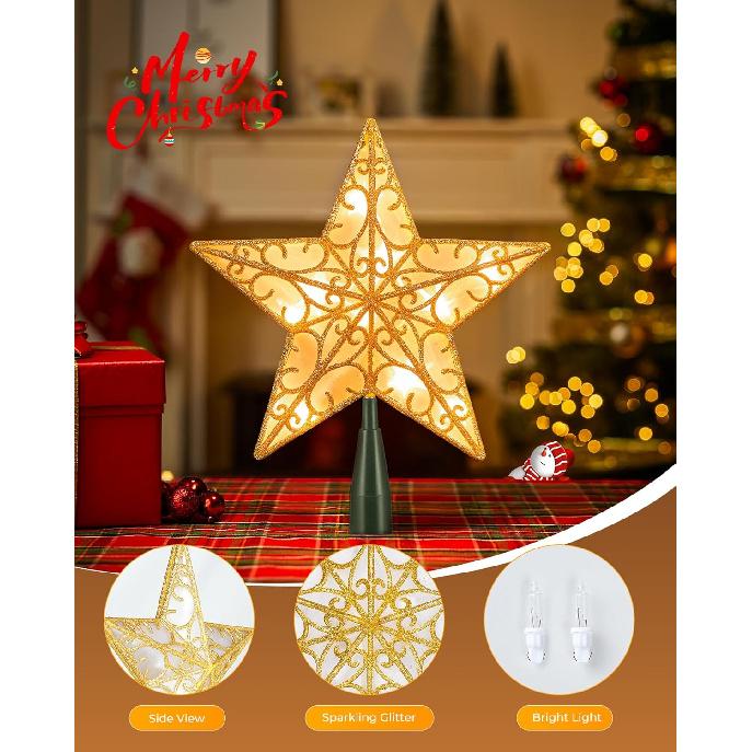 Christmas Star Tree Topper, Plug in Sliver Glittered 3D Star Tree Topper, Metal Hollow Designed Built-in 10 Bulbs String Lights for Indoor Office