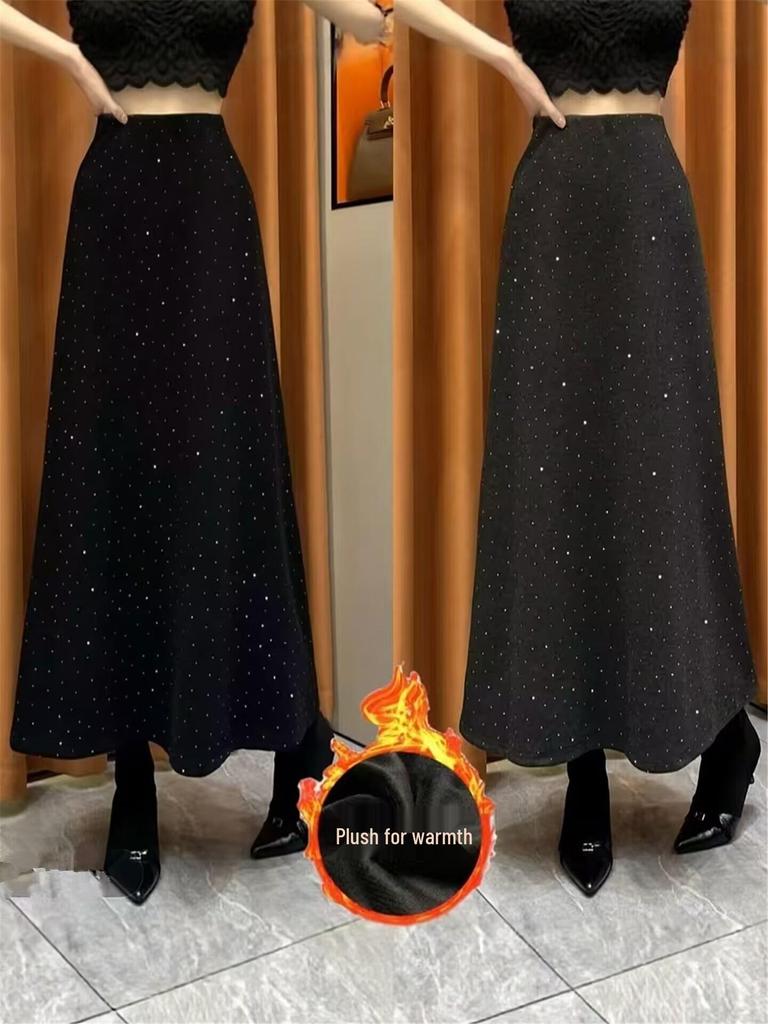 Premium Rhinestone High-Waisted A-Line Fishtail Skirt - Women's Autumn Winter Fashion