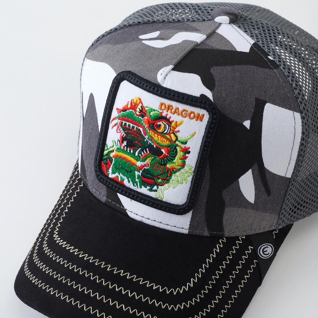1PC Mesh Trucker Hat, Breathable, Embroidered Chinese Dragon Lion Patch, Distressed Retro Streetwear for Men Women