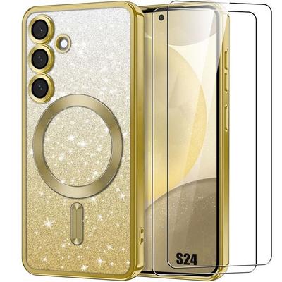 Schutzhülle - BOOLING - für Samsung Galaxy S24 - Glitzernd Gold - Objektivschutz - 2 gehärtete Gläser