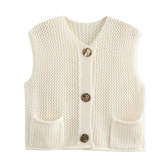Women Knitting Vest V-Neck Sleeveless Single-Breasted Pocketed Knitting Waistcoat Versatile Solid Color Knitwear